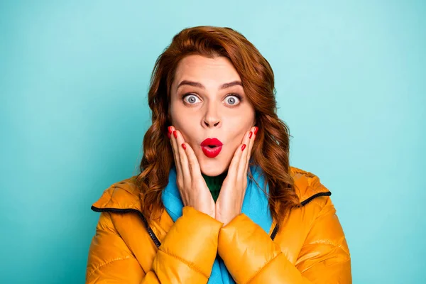 Closeup photo of funny lady open mouth addicted shopper look low black friday prices wear yellow overcoat blue scarf green turtleneck isolated teal color background — 스톡 사진