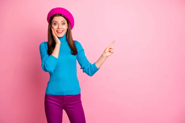 Portrait of her she nice-looking attractive lovely pretty charming glad cheerful cheery brown-haired girl showing copy space ad advert isolated over pink pastel color background — 스톡 사진