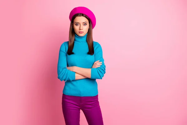 Portrait of her she nice-looking attractive lovely charming pretty brown-haired calm content girl folded arms wearing spring look isolated over pink pastel color background — 스톡 사진