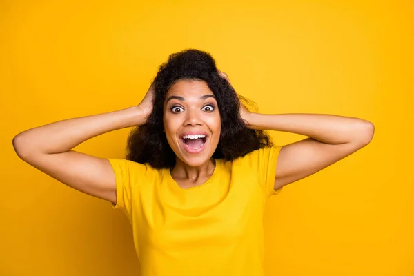 Close-up portrait of nice attractive lovely crazy overjoyed cheerful cheery amazed wavy-haired girl unexpected news isolated on bright vivid shine vibrant yellow color background — 스톡 사진