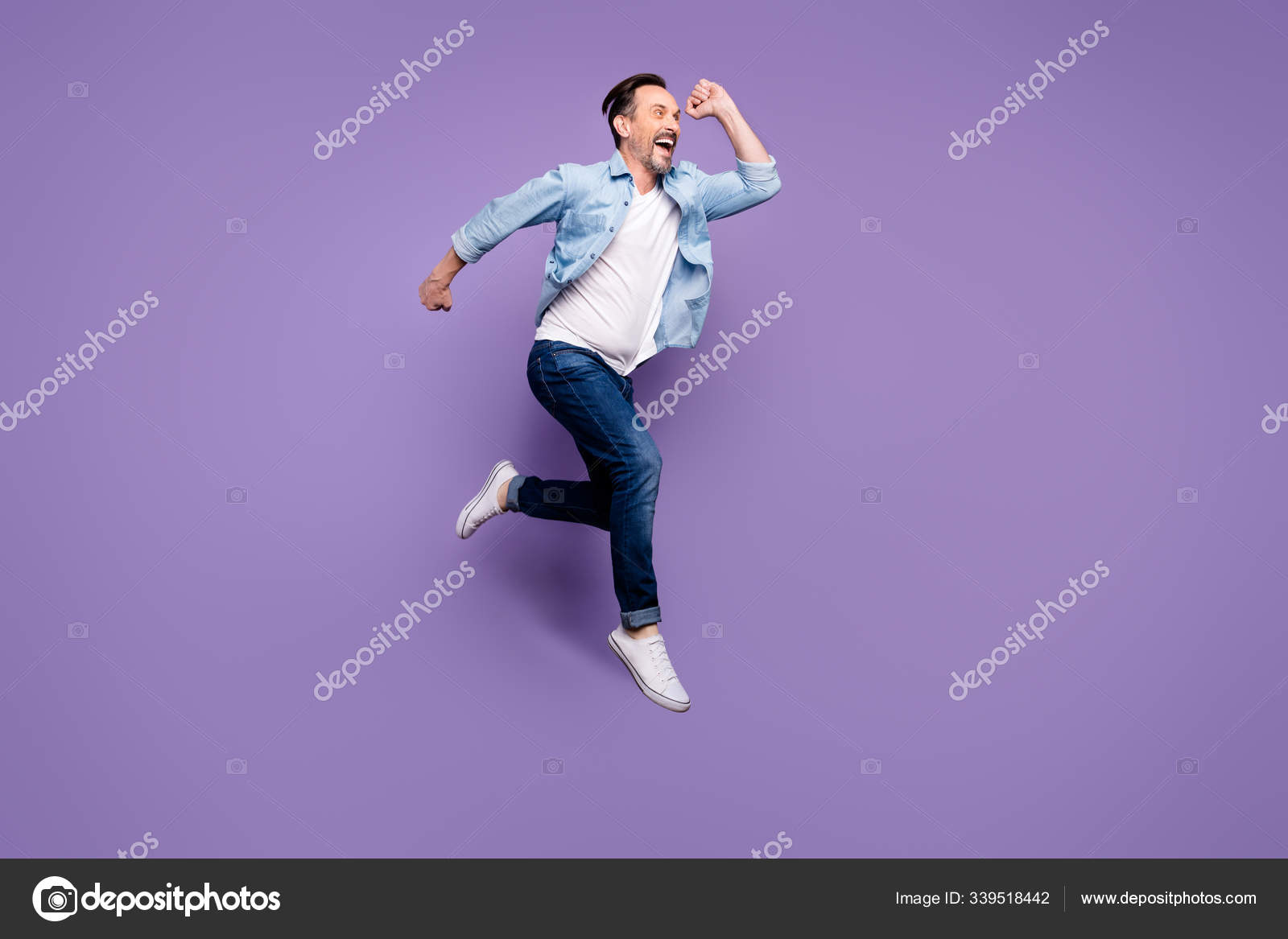 Full length profile side photo of crazy funky funny man jump run after  black friday sales want hurry buy presents wear good looking outfit  isolated over violet color background Stock Photo by ©