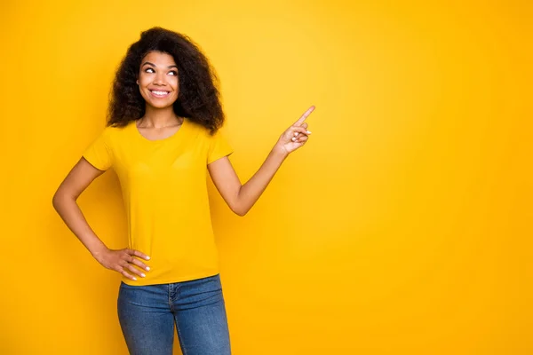 Portrait of her she nice-looking attractive lovely cheerful cheery wavy-haired girl showing indicate index select option isolated over bright vivid shine vibrant yellow color background — Stock Photo, Image