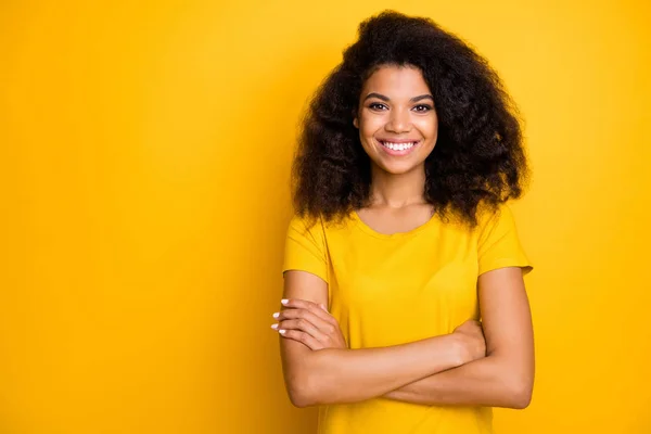 Close-up portrait of her she nice attractive lovely pretty content cheerful cheery wavy-haired girl folded arms isolated over bright vivid shine vibrant yellow color background — 스톡 사진