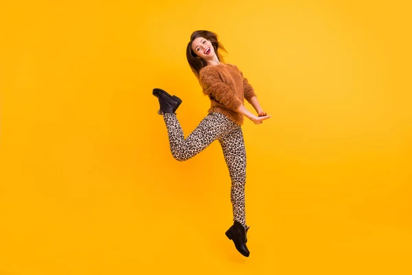 Full storlek foto av fantastiska funky dam hoppa upp hög ungdom trend ser flexibel kropp ben fest humör bära fluffig tröja leopard byxor skor isolerad gul färg bakgrund — Stockfoto