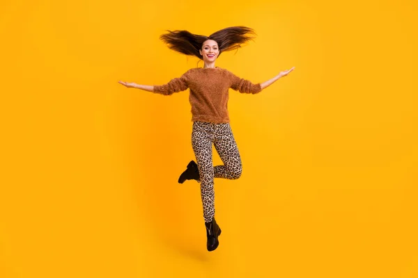 Full size photo of funky crazy lady jumping up high trend look throwing hairdo curls air blowing nice weather wear fluffy sweater leopard pants shoes isolated yellow color background