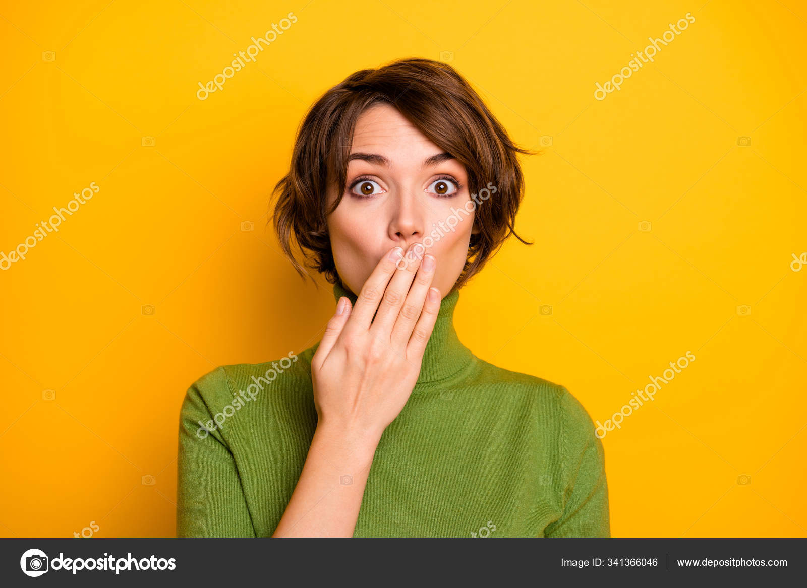 Closeup photo of beautiful lady close mouth arm eyes full of fear terrified  expression said bad wrong thing wear casual green turtleneck isolated  yellow color background — Stock Photo © deagreez1 341366046