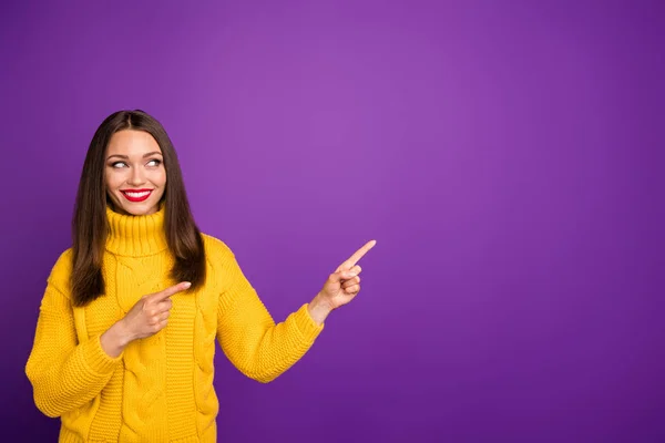 Portrait of her she nice attractive lovely cheerful straight-haired girl pointing two forefinger aside like subscribe follow isolated on bright vivid shine vibrant lilac violet purple color background — 스톡 사진