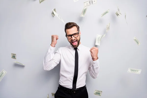 Successful delighted banker entrepreneur get benefit profit win lottery cashback money fall raise fists scream yes wear white shirt tie black pants trousers isolated grey color background — 스톡 사진
