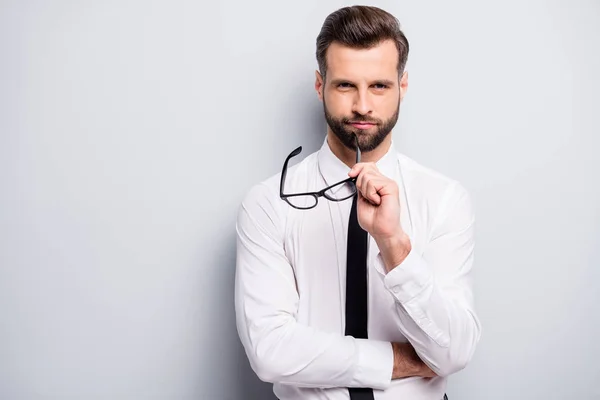 Portrait of gorgeous freelancer man company owner ideal boss hold spectacles look good ready decide decisions isolated over grey color background — 스톡 사진