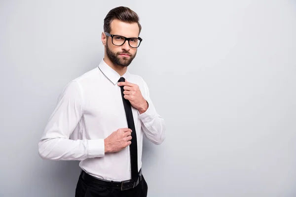 Foto di bello giovane uomo d'affari macho preparazione per riunione aziendale fissaggio elegante cravatta nera usura specifiche bianco ufficio camicia pantaloni neri isolato colore grigio sfondo — Foto Stock