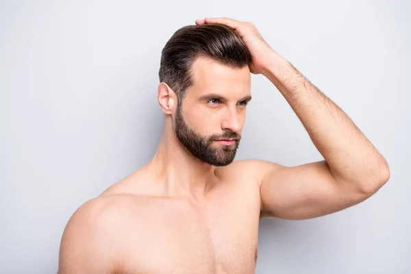 Closeup photo of macho man guy hold hand touch perfect neat hairstyle look mirror empty space naked torso hot body groomed face isolated grey background — 스톡 사진