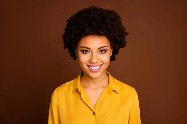 Closeup photo of beautiful pretty dark skin wavy lady toothy beaming smiling positive good mood easy-going person wear yellow shirt blouse isolated brown color background — Stock Photo, Image