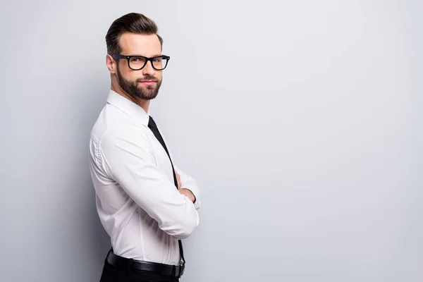 Profile photo of young handsome serious business man bossy crossed arms employer investor wear specs white office shirt pants tie isolated grey color background — Stock Photo, Image