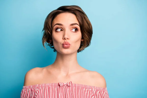 Close-up portrait of her she nice-looking attractive lovely winsome pretty cute feminine girl sending air kiss isolated over bright vivid shine vibrant blue color background — Stock Photo, Image