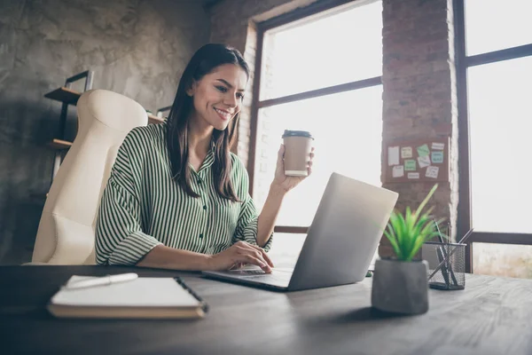 Profiel zijaanzicht portret van mooie aantrekkelijke vrolijke dame bedrijfsleider zitten in stoel drinken thee kijken presentatie op moderne industriële baksteen loft interieur stijl werkplek station — Stockfoto