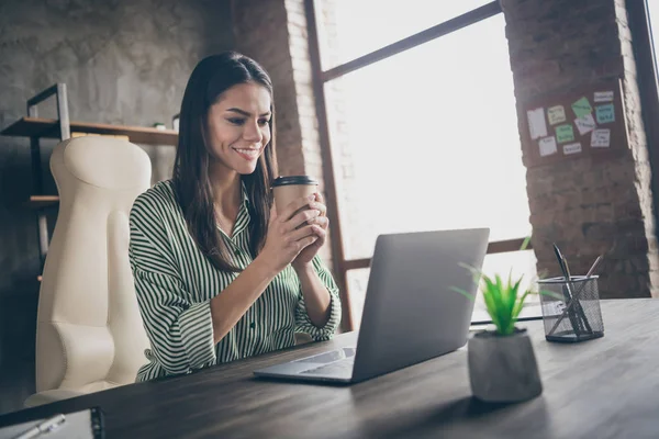 Close-up profilo vista laterale ritratto di bella attraente allegro successo direttore proprietario della società signora seduto in sedia bere il tè a moderno industriale mattone loft stile interno posto di lavoro stazione — Foto Stock