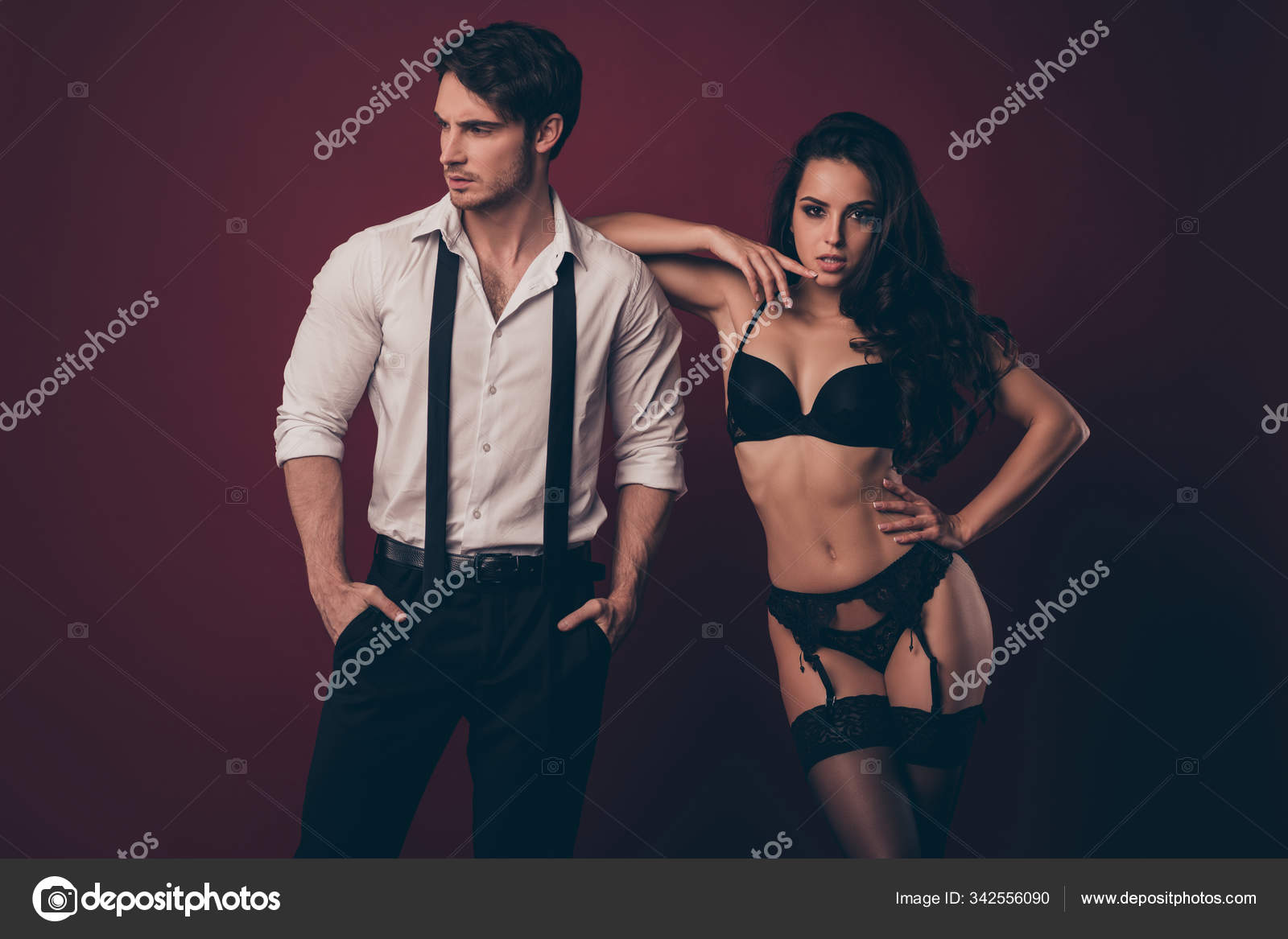 Photo of two sexy people husband nude wife stand close lean elbow shoulder start bdsm domination role play wear tuxedo suit lace boudoir pantyhose isolated burgundy color background Stock Photo by ©deagreez1 picture photo
