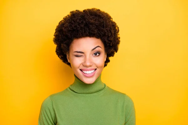 Photo of cheerful positive pretty nice girlfriend smile toothy blinking winking isolated with teeth showing over vivid color background — Stok fotoğraf