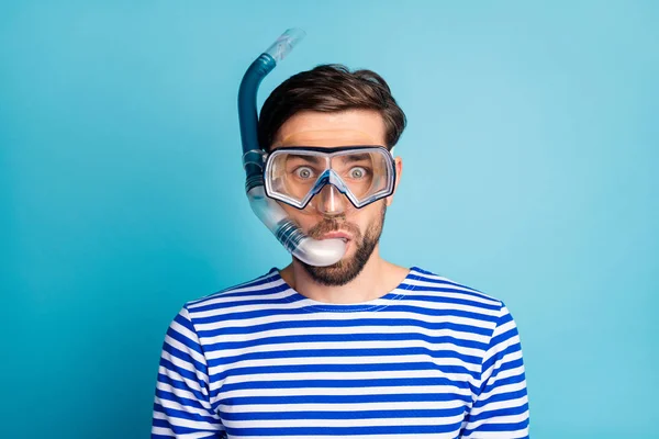 Photo of funky emotional handsome guy tourist diving underwater mask see colorful fish corals breathing tube floating deep wear striped sailor shirt isolated blue color background — Stockfoto