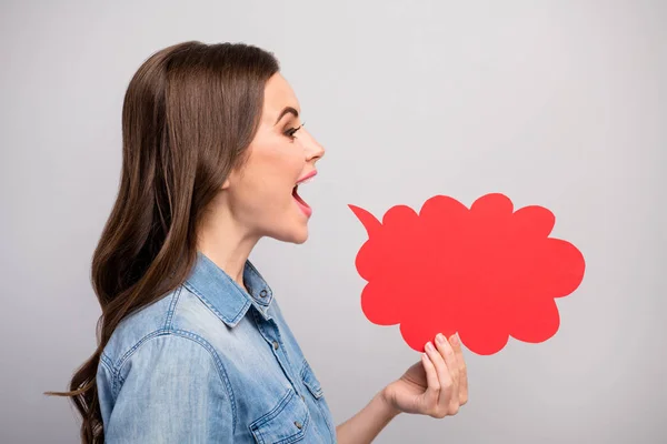Profile photo of pretty funny lady hold empty paper cloud hand near open mouth saying novelty information crowd people wear casual jeans denim shirt isolated grey color background — Stock Photo, Image