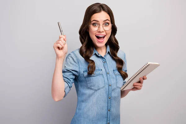 Foto de perfil de hermosa freelancer lady hold planner levante la pluma boca abierta tiene una excelente idea de puesta en marcha especificaciones de desgaste jeans casual camisa de mezclilla aislado color gris fondo —  Fotos de Stock