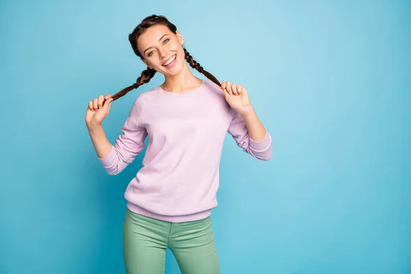 Portrait of her she nice attractive lovely cheerful cheery feminine girl having fun enjoying making tails isolated over bright vivid shine vibrant blue green teal turquoise color background — 스톡 사진