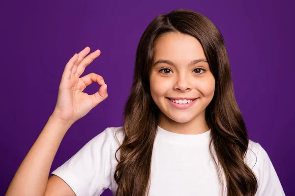 Primer plano retrato de ella ella agradable atractivo encantador lindo alegre alegre alegre ondulado de pelo chica mostrando ok-signo aislado sobre brillante brillo vivo vibrante violeta lila color fondo —  Fotos de Stock