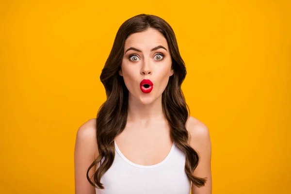 Closeup photo of beautiful pretty lady open mouth positive good mood surprised shocked red lipstick wear white tank-top isolated bright yellow color background — ストック写真