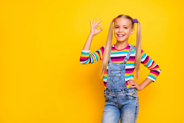 Retrato de positivo alegre rubia colas de caballo niño muestran signo de bien recomiendan sugieren seleccionar perfectos grandes anuncios desgaste jersey de mezclilla aislado sobre fondo de color brillante —  Fotos de Stock