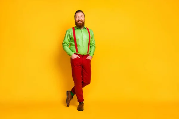 Full length photo of attractive funky guy good mood looking side empty space cheerful wear green shirt red suspenders pants socks footwear isolated yellow color background — Stock fotografie