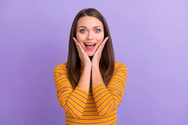 Close-up portrait of her she nice-looking attractive lovely positive cheerful cheery glad girl having fun great news yes good luck isolated over violet purple pastel color background — Stock Fotó