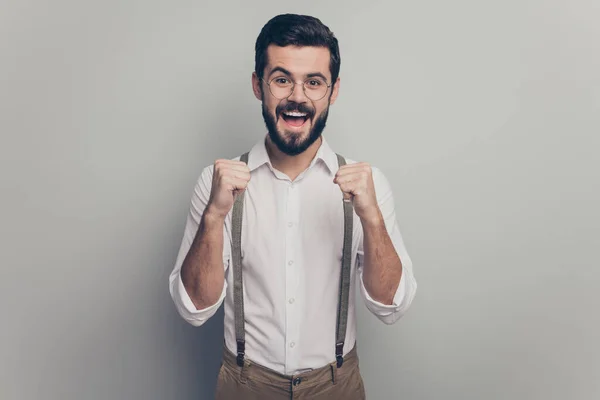 Portrait of crazy delighted collar modern ceo worker man get career development promotion news enjoy raise fists scream yes wear brown outfit isolated over grey color background — Stockfoto