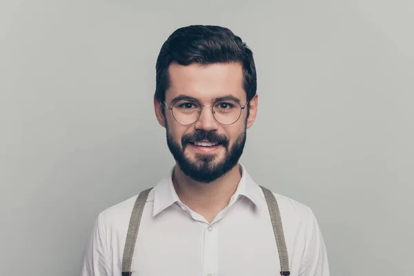 Portrait of positive imposing gentleman enjoy look at camera wear modern outfit spectacles isolated over grey color background — Zdjęcie stockowe