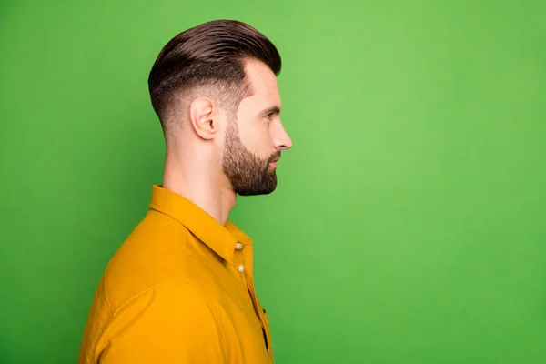 Close-up profile side view portrait of his he nice attractive calm content bearded guy in casual formal shirt trendy look haircut isolated on bright vivid shine vibrant green color background — ストック写真