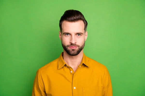 Close-up portrait of his he nice attractive calm serious guy wearing casual formal shirt modern look haircut isolated on bright vivid shine vibrant green color background — Zdjęcie stockowe