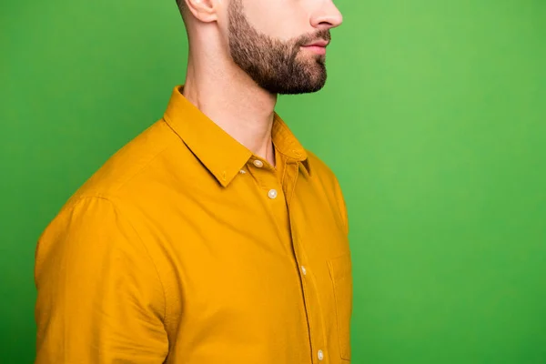 Cropped close-up profile side view portrait of his he nice attractive calm content serious well-groomed bearded guy in formal shirt isolated on bright vivid shine vibrant green color background — ストック写真