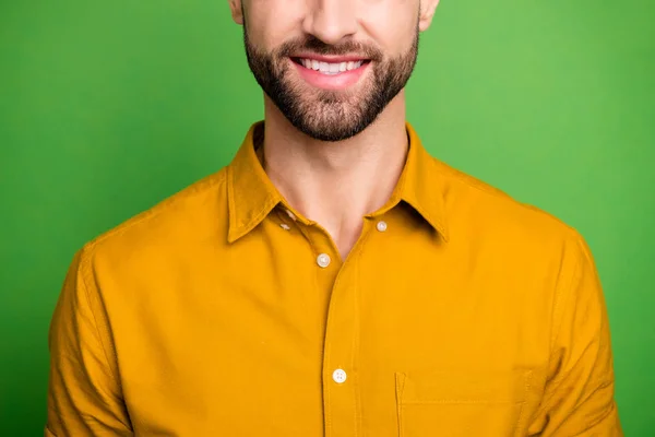 Cropped close-up portrait of his he nice attractive content cheerful cheery bearded guy wearing formal shirt casual look isolated over bright vivid shine vibrant green color background — Stockfoto