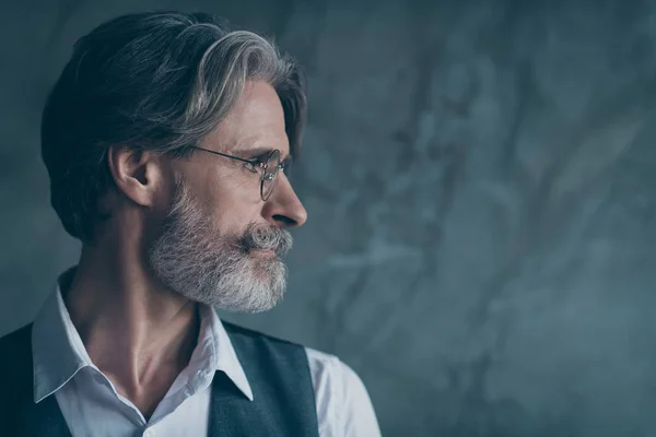 Close up profile side photo of dreamy cool charismatic old millionaire man look copyspace have chic beard shirt vest isolated over grey color background