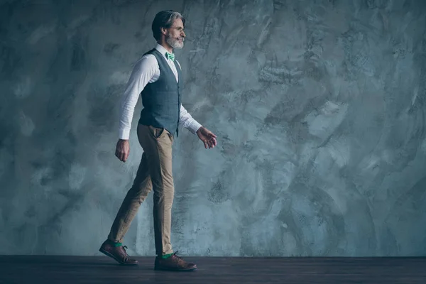 Full storlek profil foto av senior macho affärsman snyggt skägg promenad företag möte bära specs skjorta väst byxor grön slips strumpor skor isolerad betong grå färg vägg bakgrund — Stockfoto