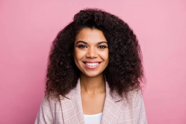 stock image Close up photo of optimistic afro american marketer worker woman look good enjoy her occupation wear formalwear blazer isolated over pastel color background