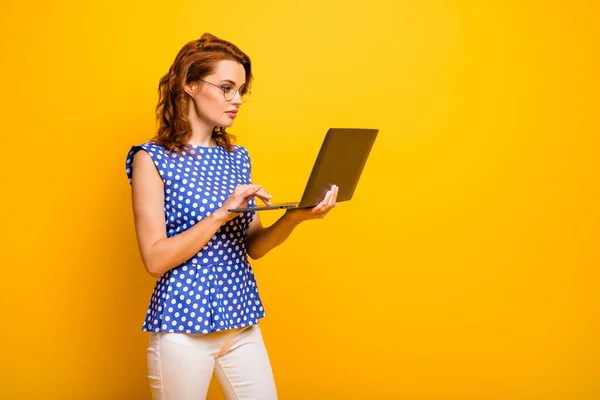 Perfil foto de bela senhora ondulada segurar notebook mãos informações de pesquisa on-line para o cliente desgaste especificações polka-dot camisa azul calças brancas isolado cor amarela fundo — Fotografia de Stock