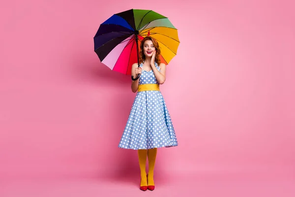 Full body photo surprised cute pretty woman hold shine umbrella hear incredible black friday novelty scream wow omg enjoy rainy weekend wear blue headband pantyhose isolated pink color background — Zdjęcie stockowe