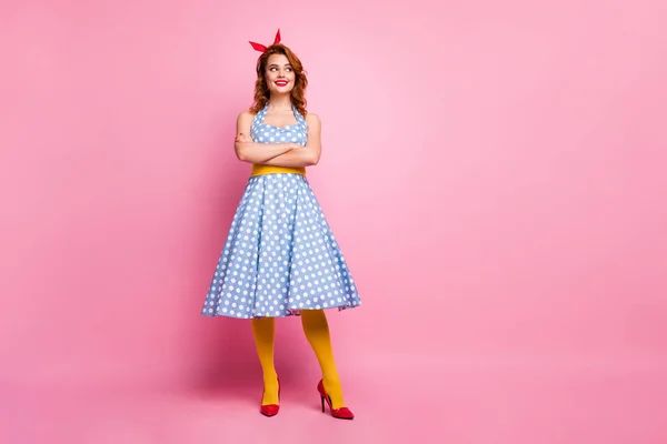 Full body photo of cheerful pretty cute sweet lady cross hands look copyspace wear polka-dot clothes tights isolated over pink color background — Stock Fotó