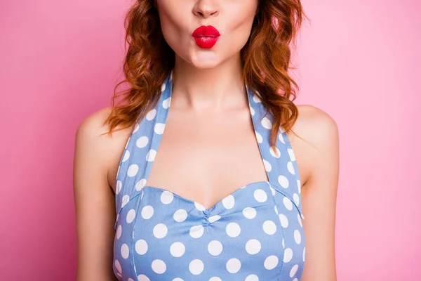 Cropped close up photo of elegant charming pretty cute woman send air kiss enjoy boyfriend valentine day date wear blue polka-dot dress isolated over pink color background — Stock fotografie
