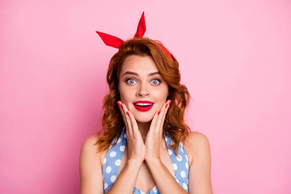 Omg black friday. Close up photo of funny astonished lady hear incredible bargain impressed scream wow omg wear blue dress polka-dot isolated over pink color background — Stok fotoğraf