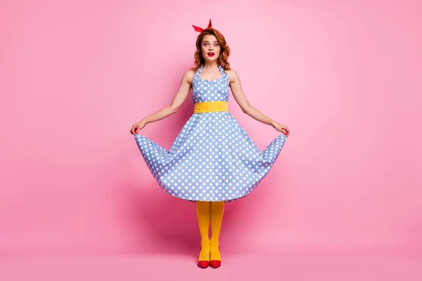 Full size photo of crazy funny cute sweet tender gentle lady touch polka-dot skirt hear wonderful novelty stare stupor scream wow omg wear red shoes isolated over pink color background — 스톡 사진
