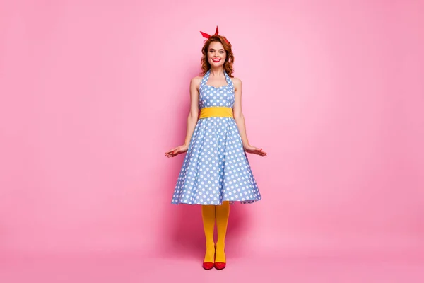 Full body photo of charming pretty lady have summe r walk fun wear polka-dot skirt yellow bright pantyhose isolated over pastel pink color background — Stockfoto