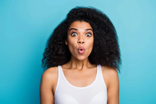Close-up portrait of her she nice attractive amazed cheerful cheery wavy-haired girl great cool news discount reaction pout lips isolated over bright vivid shine vibrant blue green color background — Zdjęcie stockowe