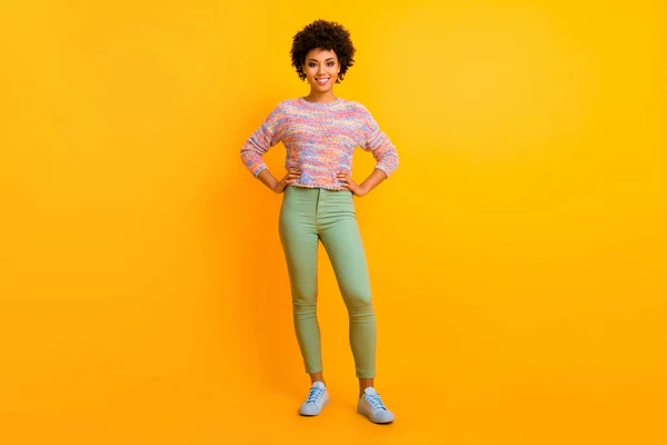 Full size photo of charming girlish youth afro american girl enjoy fun fall holidays wear good looking modern jumper footwear isolated over shine color background — Stock Photo, Image