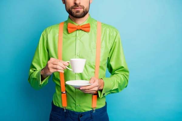 Retrato de la vista recortada de su agradable chico serio seguro atractivo vistiendo camisa festal disfrutando de cacao caliente dulce aislado en brillante brillo vivo vibrante azul verde verde azulado turquesa color de fondo —  Fotos de Stock